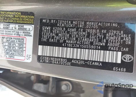 2005 Toyota Camry Le из США, поврежденный, VIN 4T1BE32K15U559014